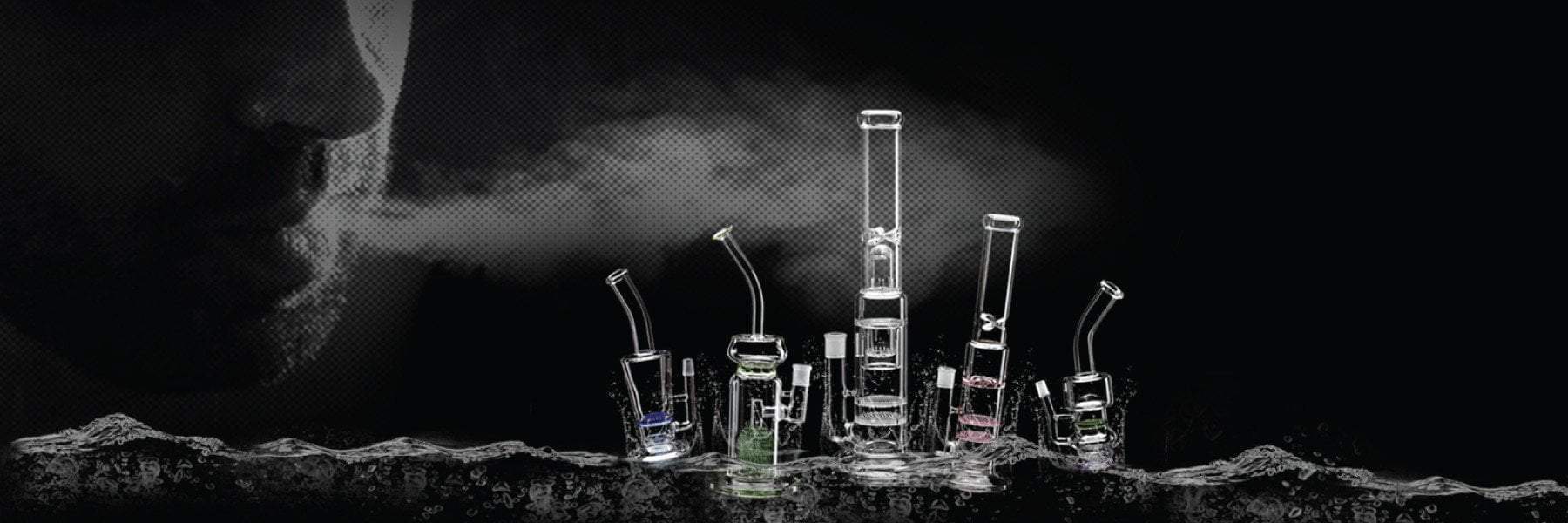 several different types of bongs on black background with smoke