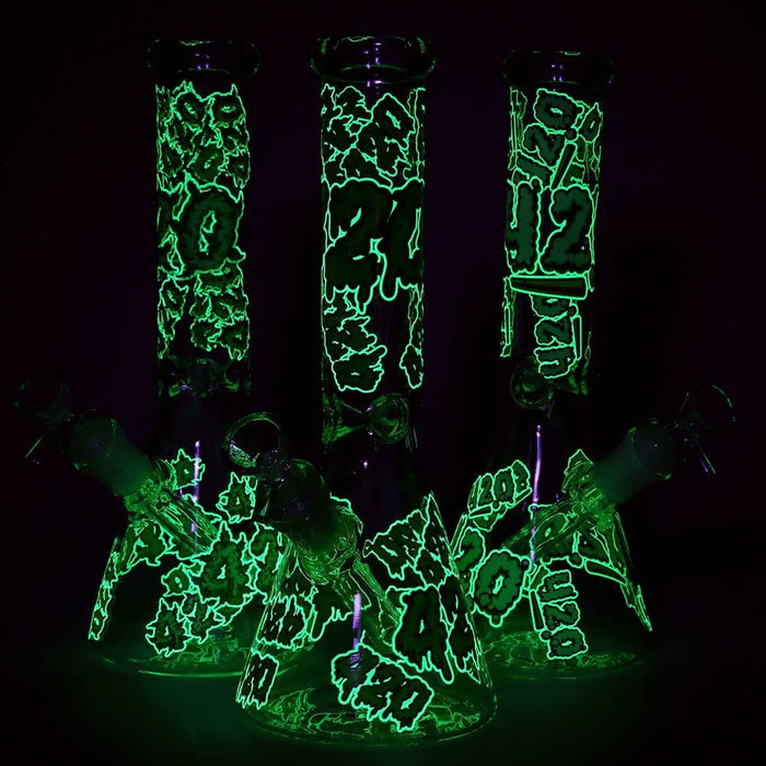 420 Clouds Glow In The Dark Beaker Glass Water Pipe - 10" / 14mm F / Colors Vary - Toker Supply