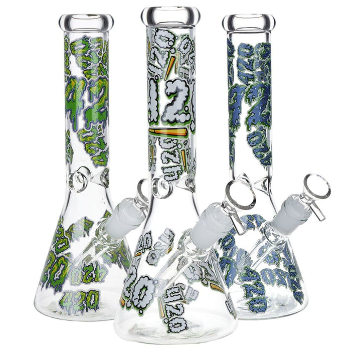 420 Clouds Glow In The Dark Beaker Glass Water Pipe - 10" / 14mm F / Colors Vary - Toker Supply
