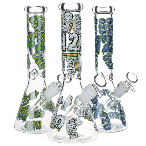 420 Clouds Glow In The Dark Beaker Glass Water Pipe - 10" / 14mm F / Colors Vary - Toker Supply