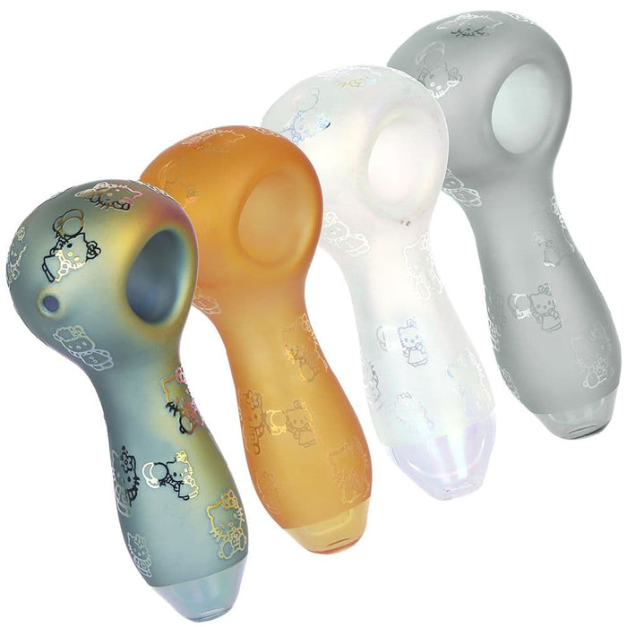 4CT BUNDLE - Hiya Cat Electroplated Etched Glass Spoon Pipe - 4" / Assorted Colors - Toker Supply