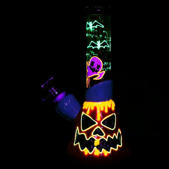 Bats 'n' Ghouls Jack-O-Lantern Glow in Dark Glass Water Pipe - 10" / 14mm F - Toker Supply