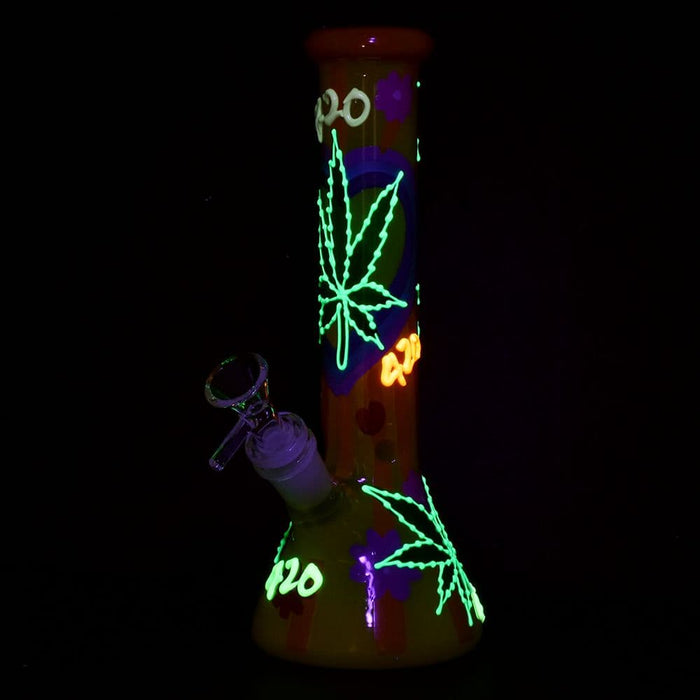 Hemp Leaf Glow In The Dark Beaker Glass Bong - 9.25" - Toker Supply