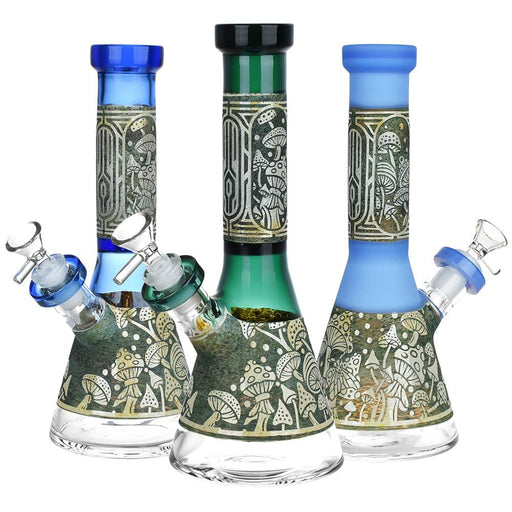 Mushroom Melange Etched Beaker Glass Water Pipe - 9" / 14mm F - Toker Supply