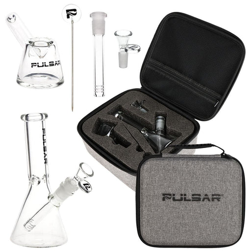 Pulsar Slant Neck Beaker Glass Water Pipe Zippered Case Travel Kit - 7" / Clear - Toker Supply