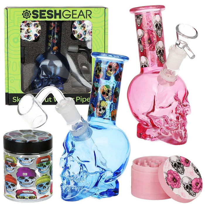 SeshGear Skulled Out Water Pipe Kit - 6" /  Colors & Designs Vary - Toker Supply